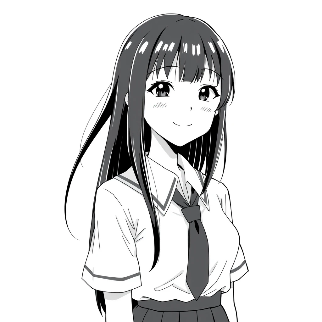 Girl with long, straight, black hair, smiling, tall, slim, average breast size, 20 years old, wearing a school uniform. Full body portrait, manga style, grayscale. - Image