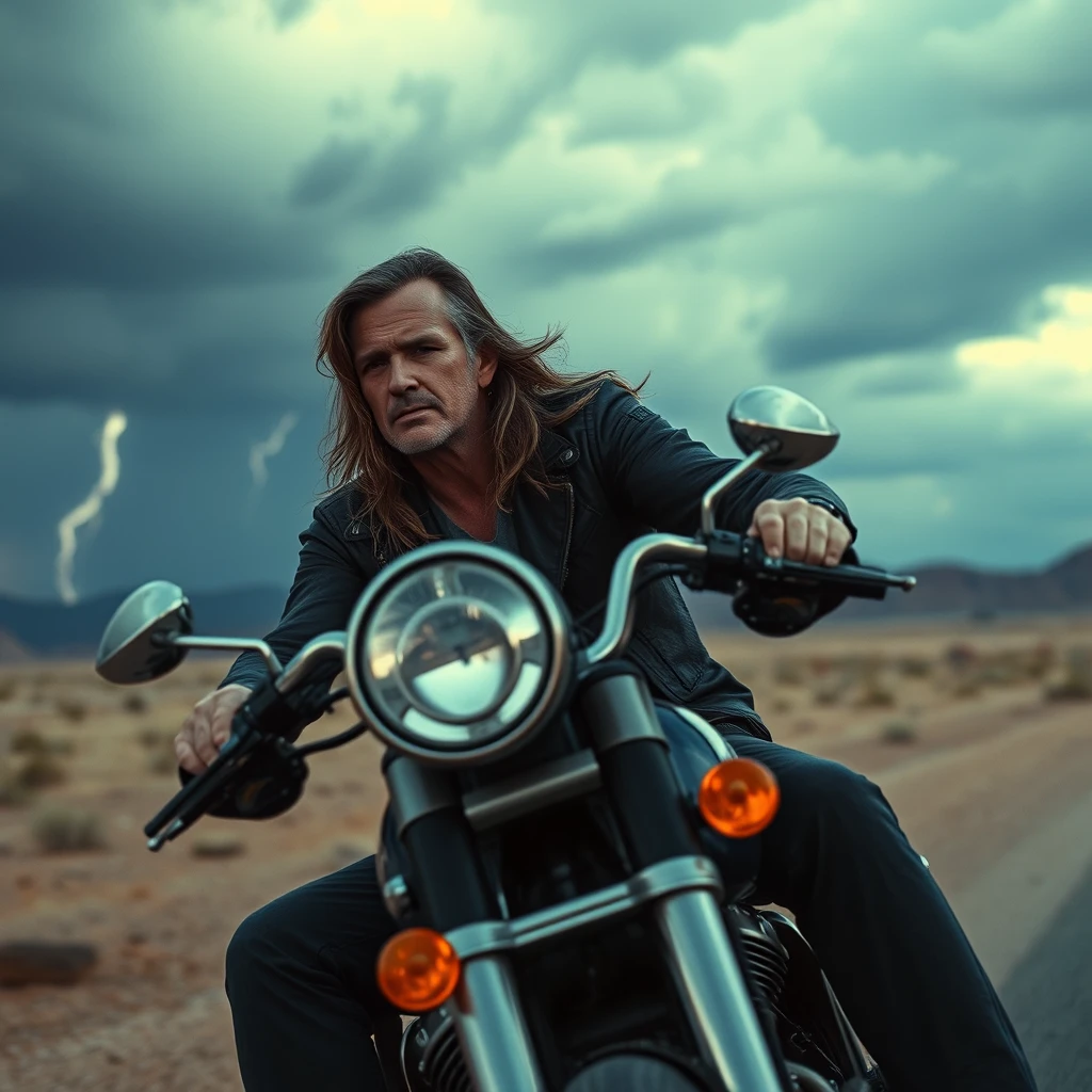 Boris Karloff with long hair, riding his chopper, a storm is coming across the desert, photo-realistic, 4k. - Image