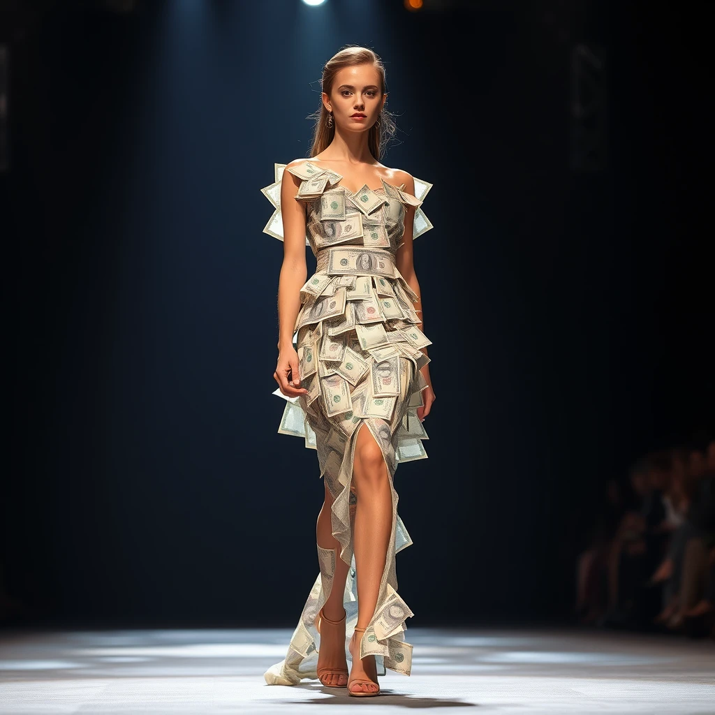 Fashion stage, a beautiful young woman wearing a haute couture dress made of paper money banknotes. - Image