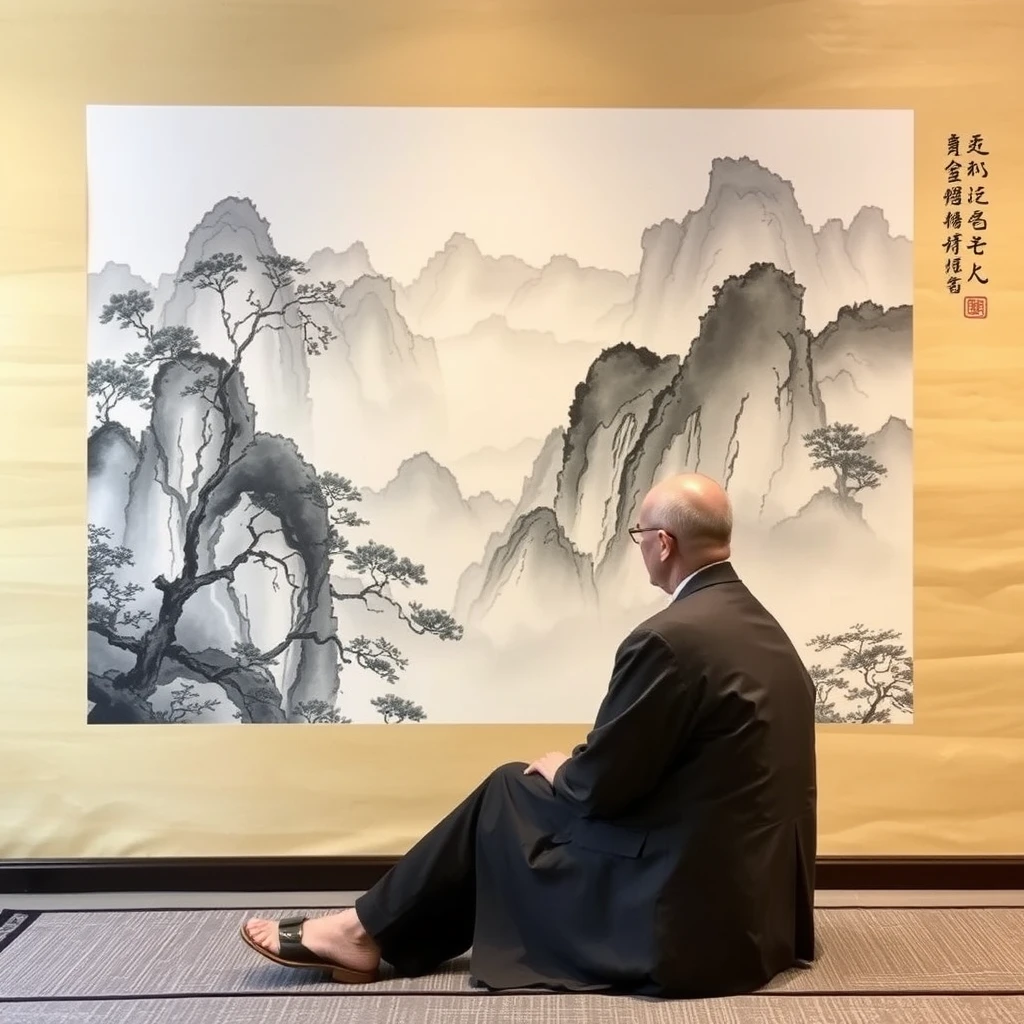 Sitting in front of the Chinese landscape ink painting.