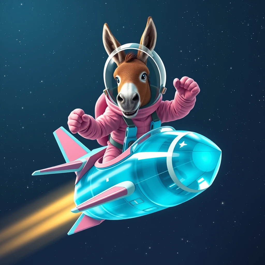 An ambitious donkey wearing pink astronaut costume, riding on a crystal cyan stunning spaceship, making a punching gesture, flying to the outerspace under a clear night sky with lots of shining stars. Realistic style. - Image