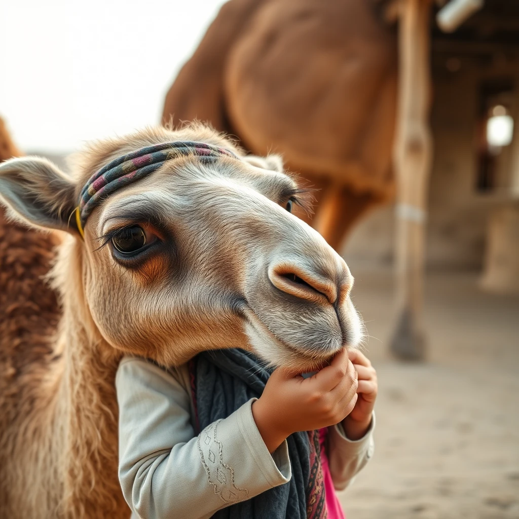 Young Persian girl, feeding camel - Image