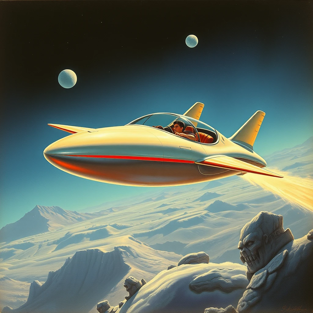 A futuristic flying car like in the Jetsons TV series, a painting by Chesley Bonestell, 4k.