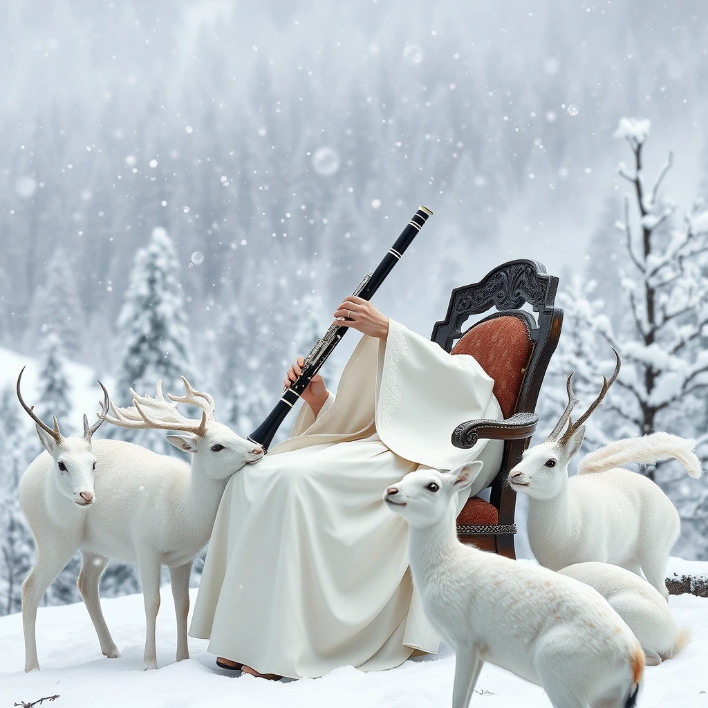 A gorgeous female oboe player in a white hanbok sits on an antique chair at a snow-covered mountain peak, playing the oboe with her eyes closed. Heavy snow is falling around her, with snow-laden trees lining the background. The white deer and hares are around the oboist to listen to the music. It's a serene winter afternoon. Hyperrealistic.