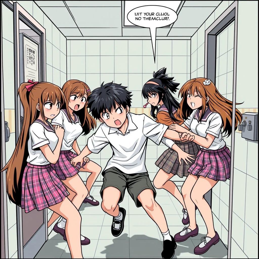 A group of beautiful girls angrily kicking a boy in the girls' bathroom at school, comic. - Image