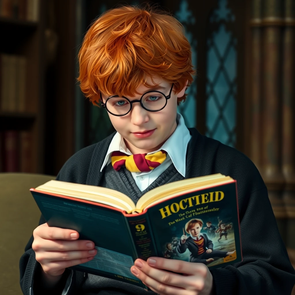 Photo: Ron Weasley is reading a Harry Potter book.