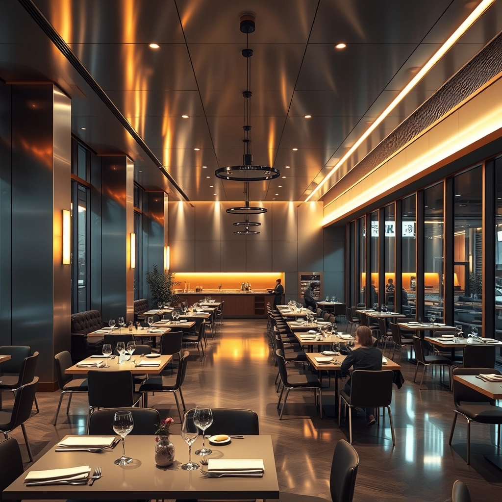 interior, dining hall, modern, aluminium panel, movie scene