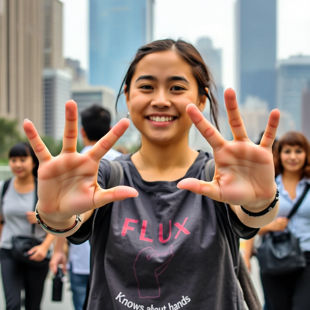 Young woman holding her hands out in front of her, her t-shirt has a drawing of a hand and the text "Flux knows about hands," she is smiling, random people are walking behind her, skyscrapers in the distance.