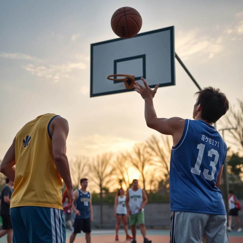 During the day, men and women are playing basketball, with Chinese characters, Japanese, or Korean. Note that there should be both men and women. - Image