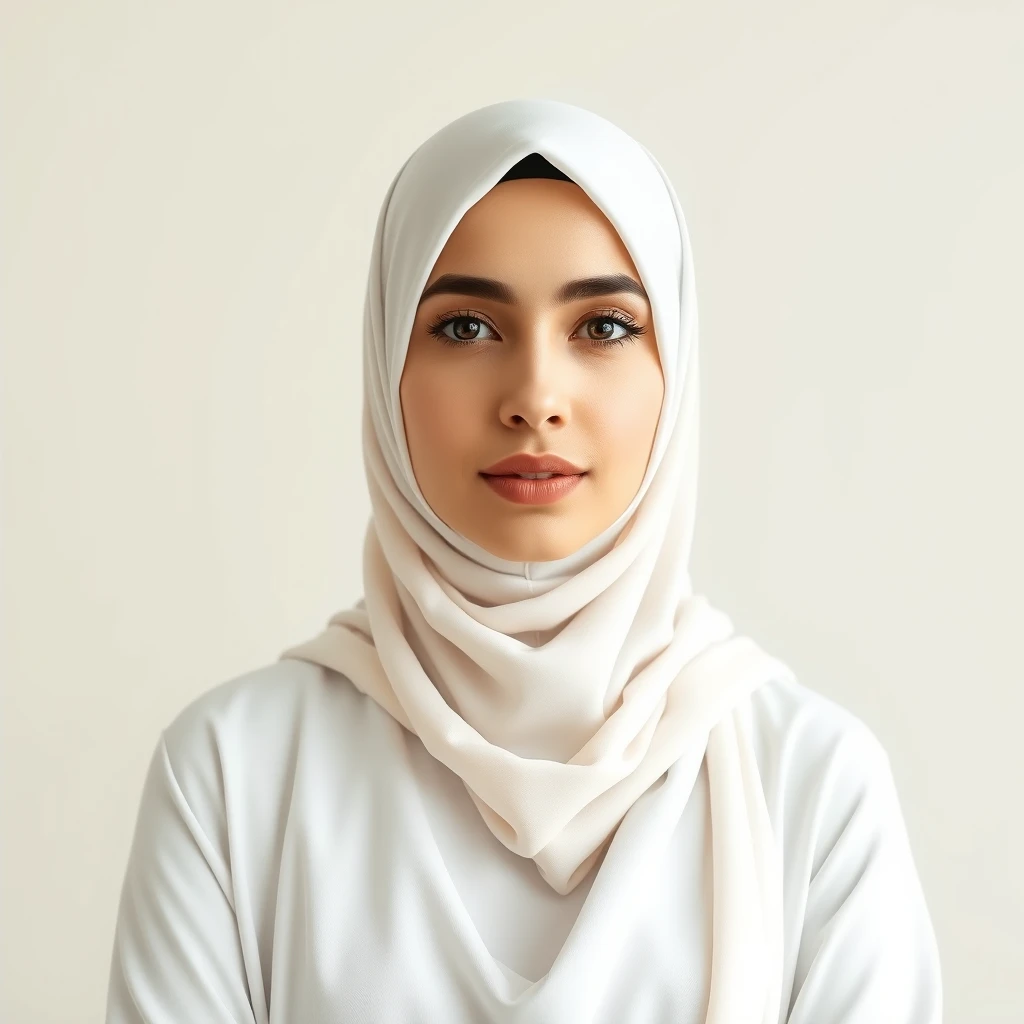 Generate an image of a Muslim woman wearing a white niqab and a white abaya. The background should be neutral or minimalistic to focus on her traditional Islamic attire. The image should convey a sense of modesty, elegance, and serenity, 8k, realistic, HD.