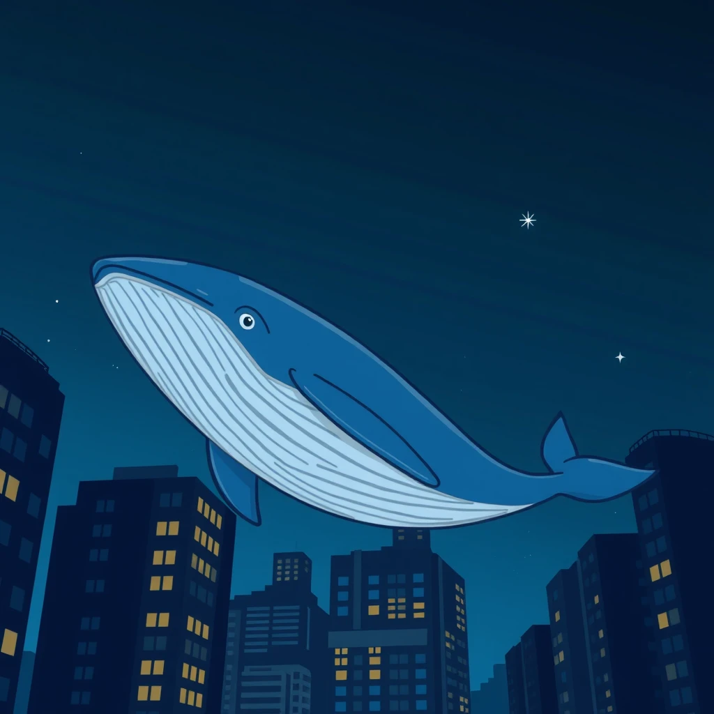 A cartoon style image about a whale swimming in the dark sky in an urban city at night. The sky is dark but with a slight blue hue and there are a few shimmering stars hanging in the sky.