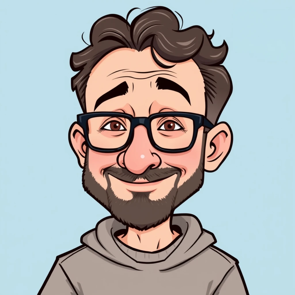 An illustration of a caricature character in the style of a cartoon, with short curly hair and a beard wearing glasses and a sweatshirt, with a background in light blue tones. The artwork should capture his essence through exaggerated features and expressive elements to bring out his personality. Use bold lines for outlines and soft colors to create depth. - Image