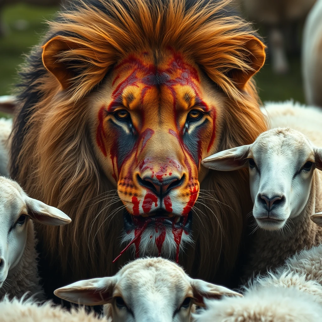 Nature shot of a lion's face covered in blood, surrounded by the sheep it's defending.