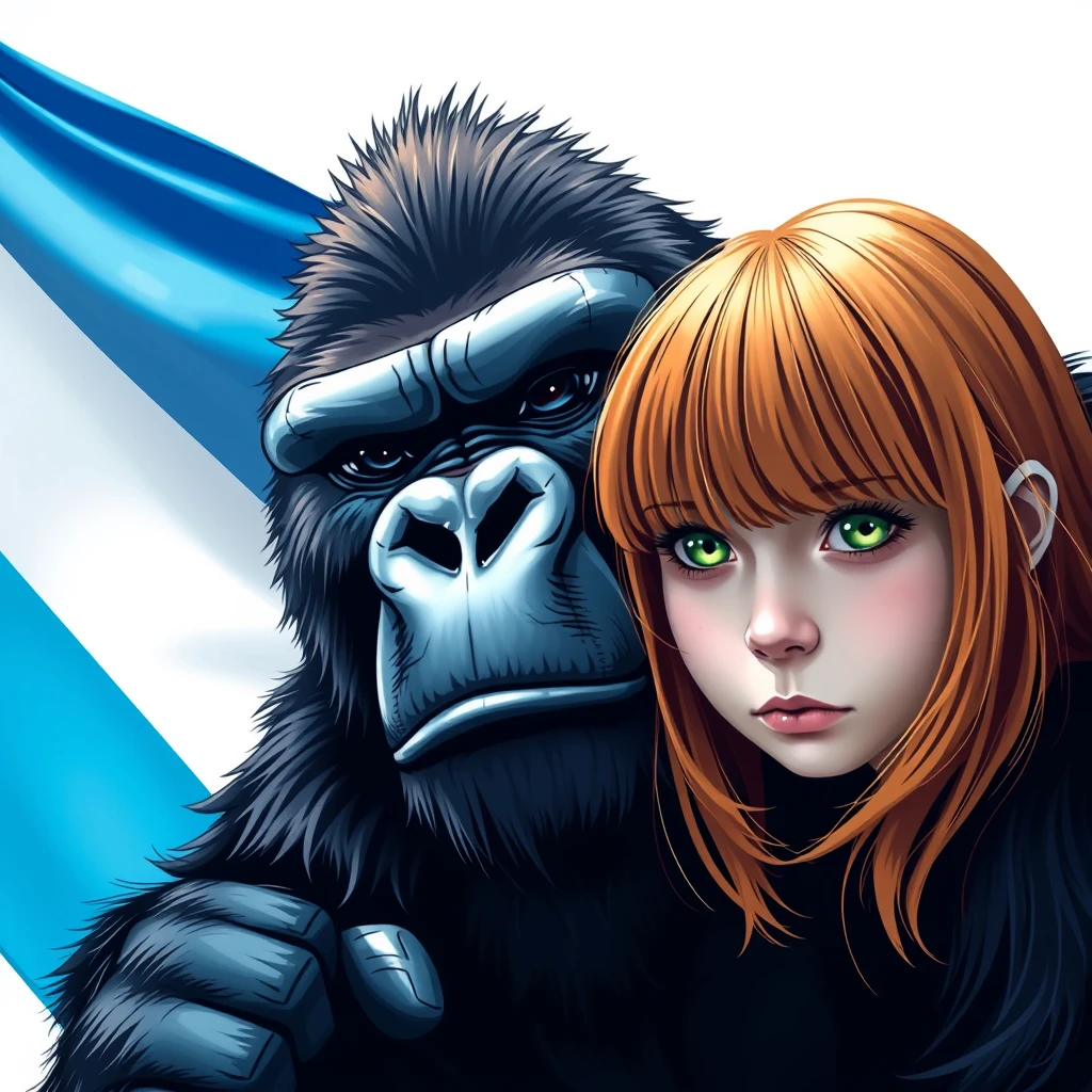 fierce gorilla holding a 3 lines flag light blue white light blue colored next to a cute ginger russian green eyed bangs hair teenage girl