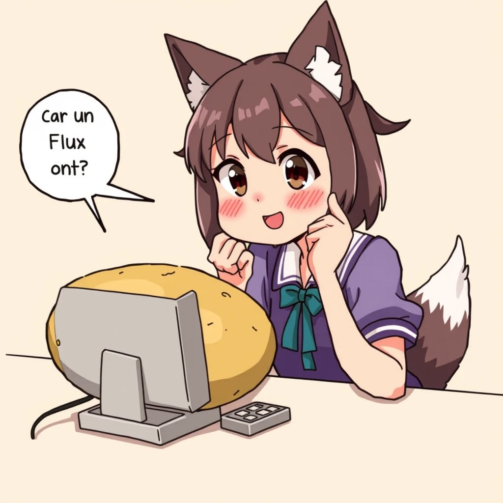 anime girl with wolf ears pointing at a computer made of a potato and asking "Can I run Flux on it?" in a speech bubble