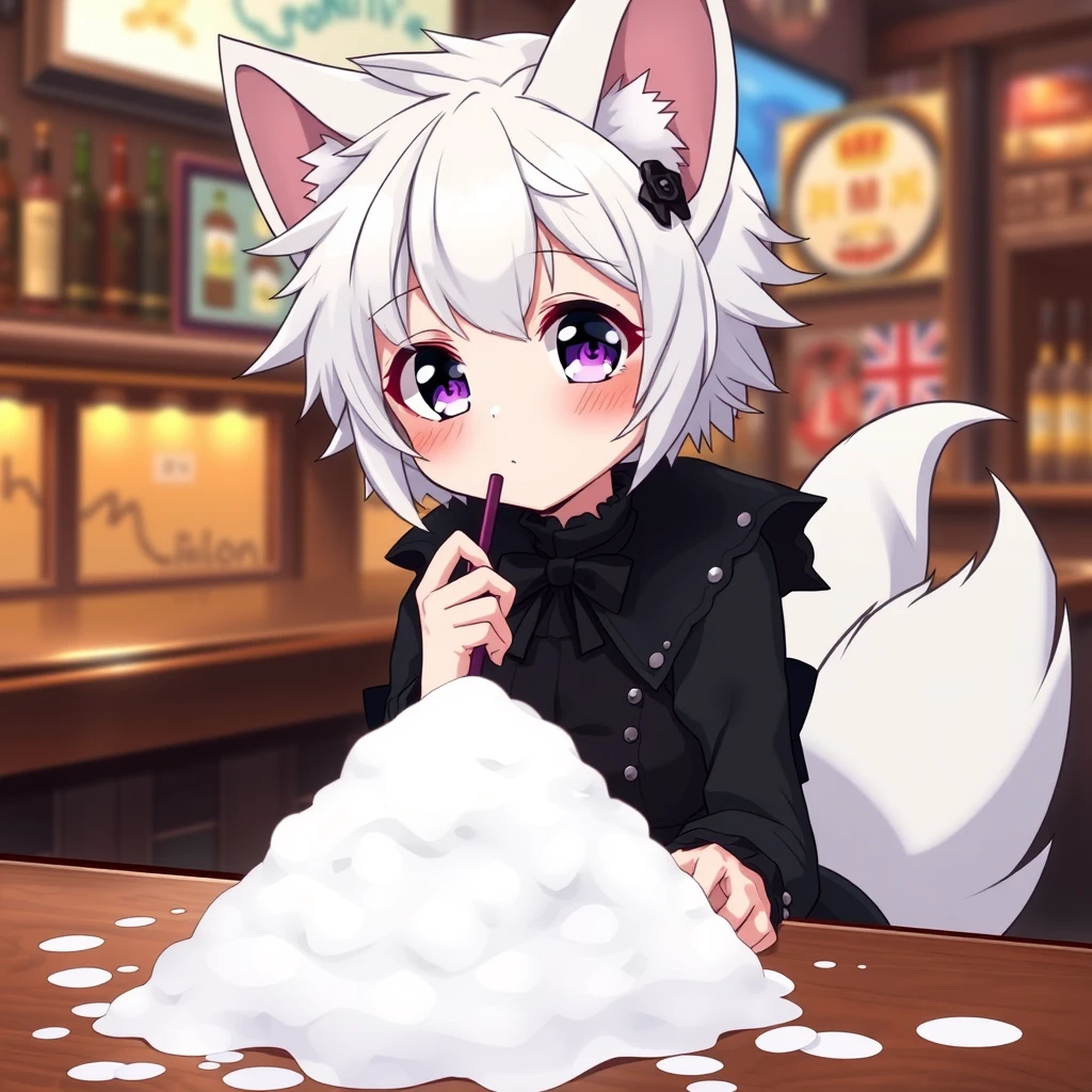 A cute anime girl with fluffy fennec ears and a fluffy tail, white messy short hair, and purple eyes is wearing a goth outfit while sitting at a table in a bar. On the table is a small mountain of snow. The girl looks at the snow with a greedy smile and holds a straw without a kink in her right hand. - Image