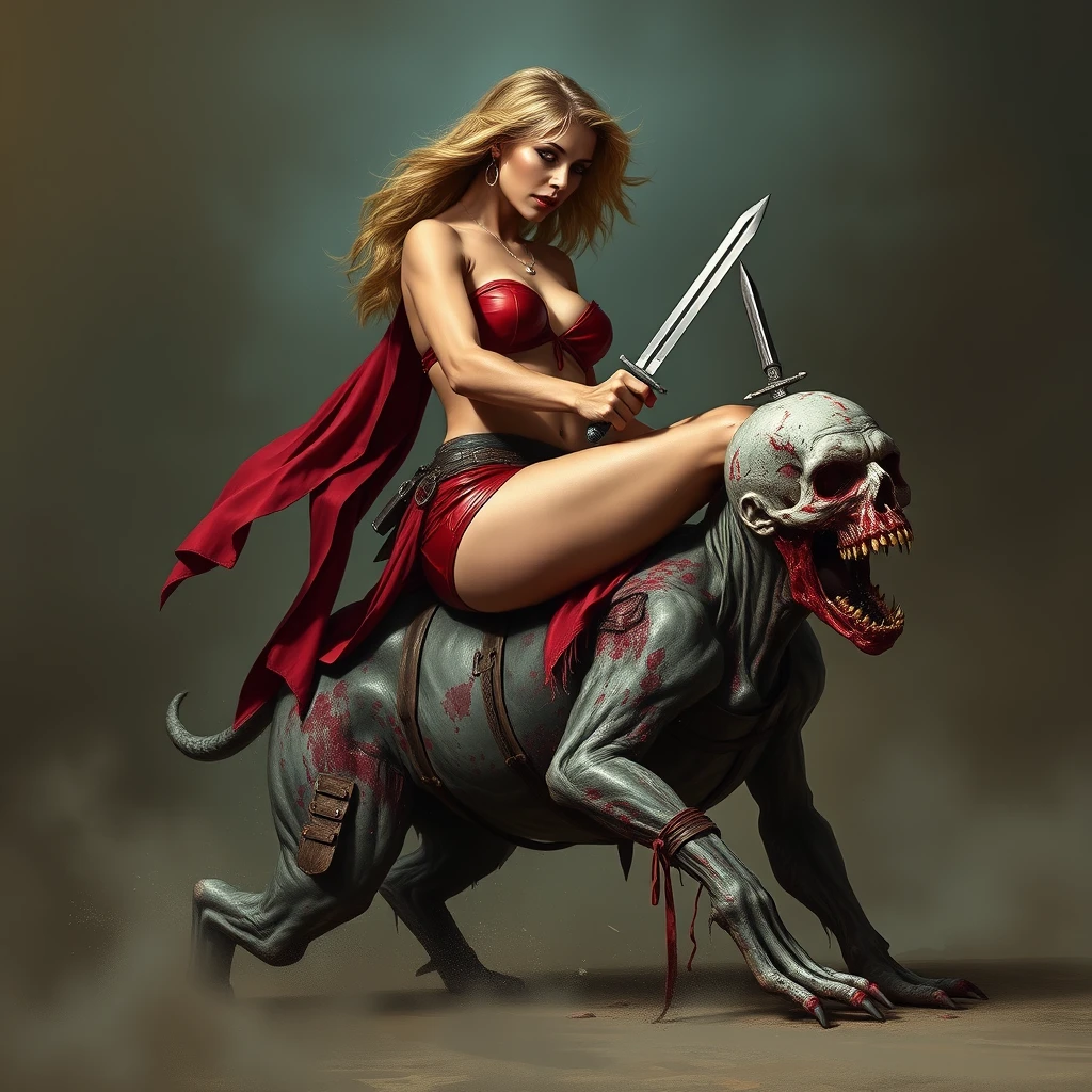 A tall mature woman in red sexy battle leather underwear rides on a zombie's back, her legs open and clamped around the zombie's neck, as she stabs a dagger into the zombie's head, lineart.