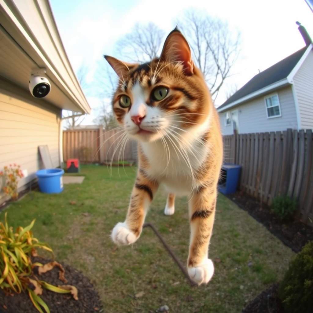 A cat is playing a mouse on the back yard from a surveillance camera perspective.The surveillance is on the edge of the eaves - Image