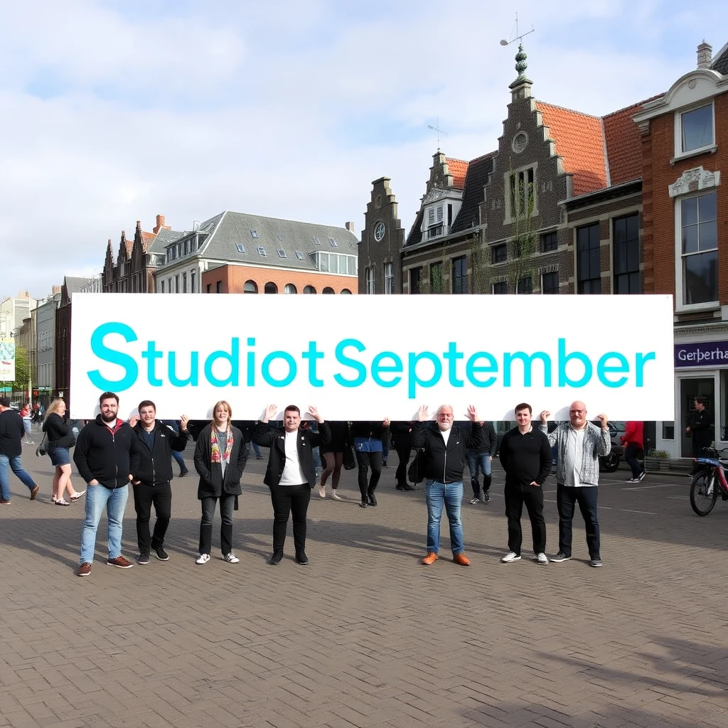 A group of employees of a digital web agency called Studio September standing in the centre of Utrecht with a white sign with cyan letters saying 'Studio September'.