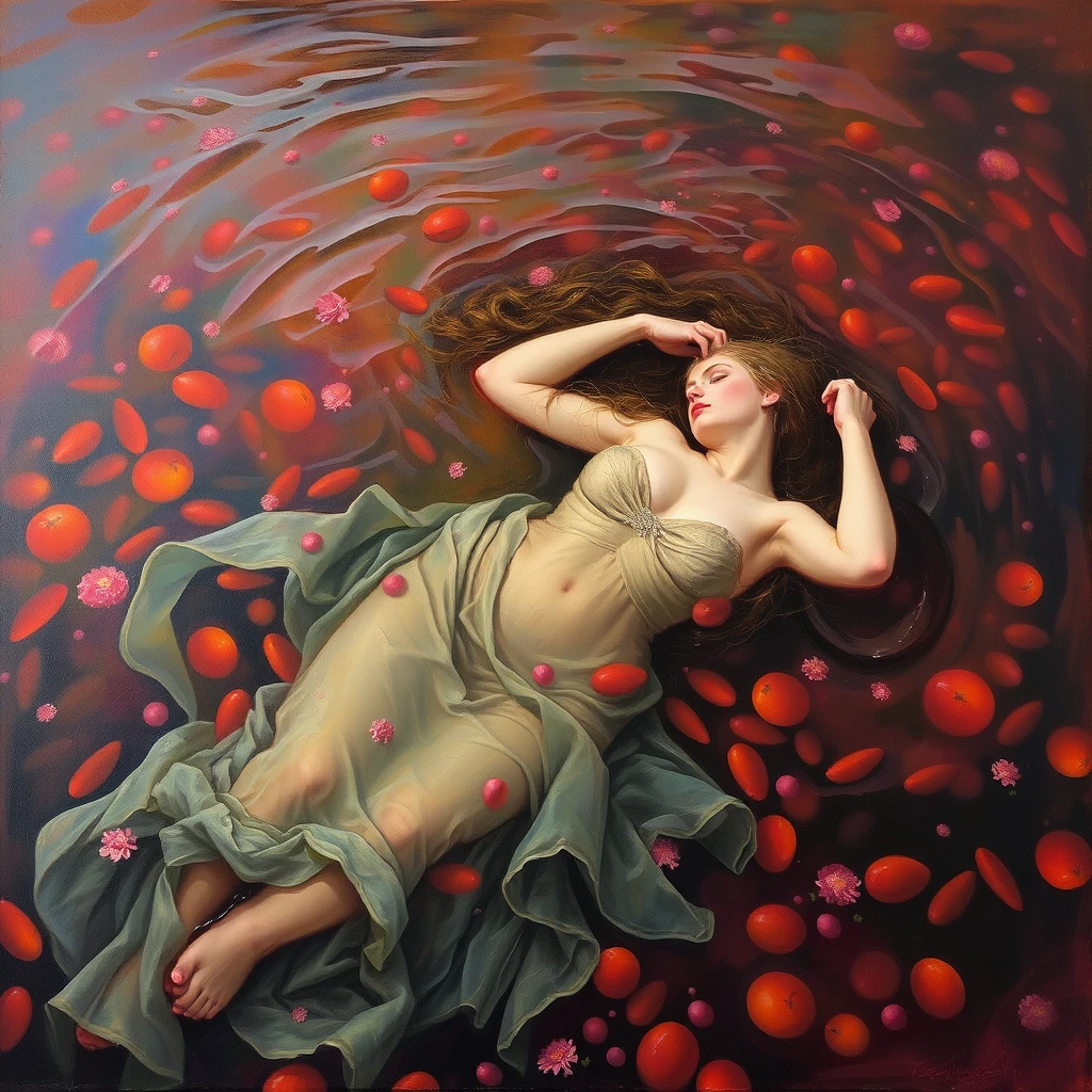 Ophelia drowning in the river of borscht, oil painting on canvas