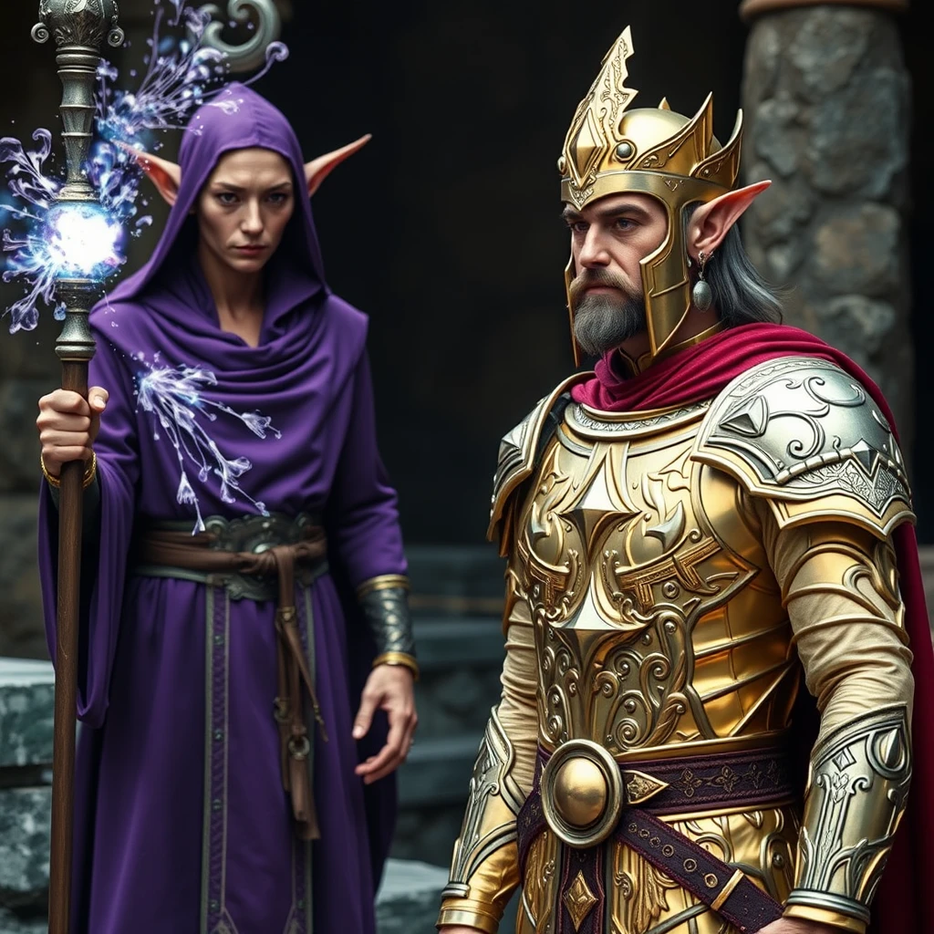 Gold and silver paladin standing in front of a purple robe-wearing elf with a staff enchanting the paladin to double in size high def movie still.