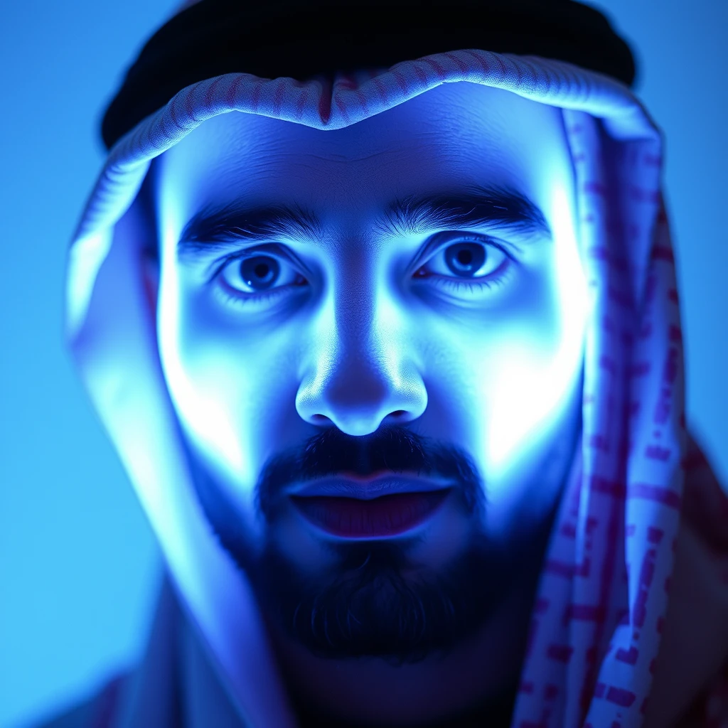 Sure, here's a prompt for generating an image of an Arab person with a glowing face:

"Create an image of an Arab person with a face glowing brightly, to the point where their facial features are obscured by white light. The background should be subtle and harmonious with the glowing effect, highlighting the aura of radiance." - Image