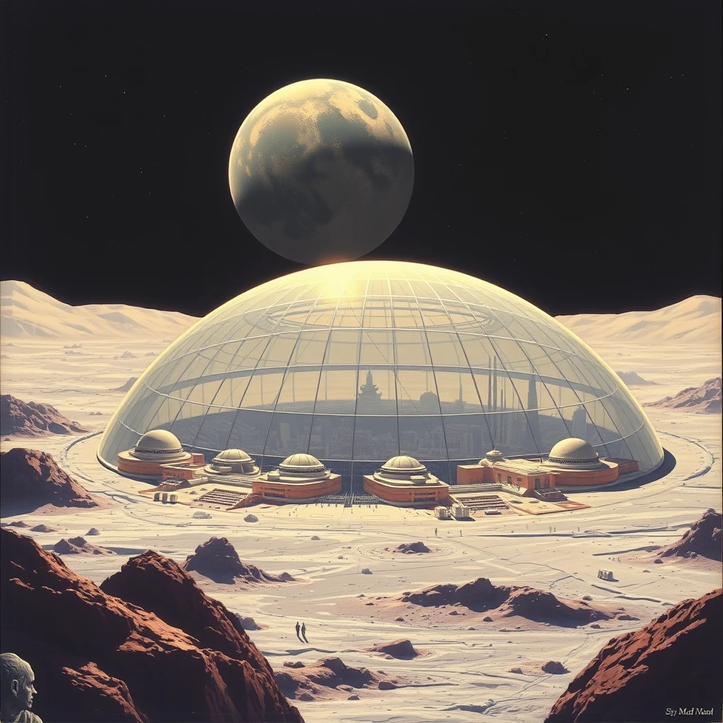 an ultra-futuristic city covered by a 90km diameter, shallow-arc, geodesic glass dome, on the moon, as painted by Syd Mead, earth in the background.