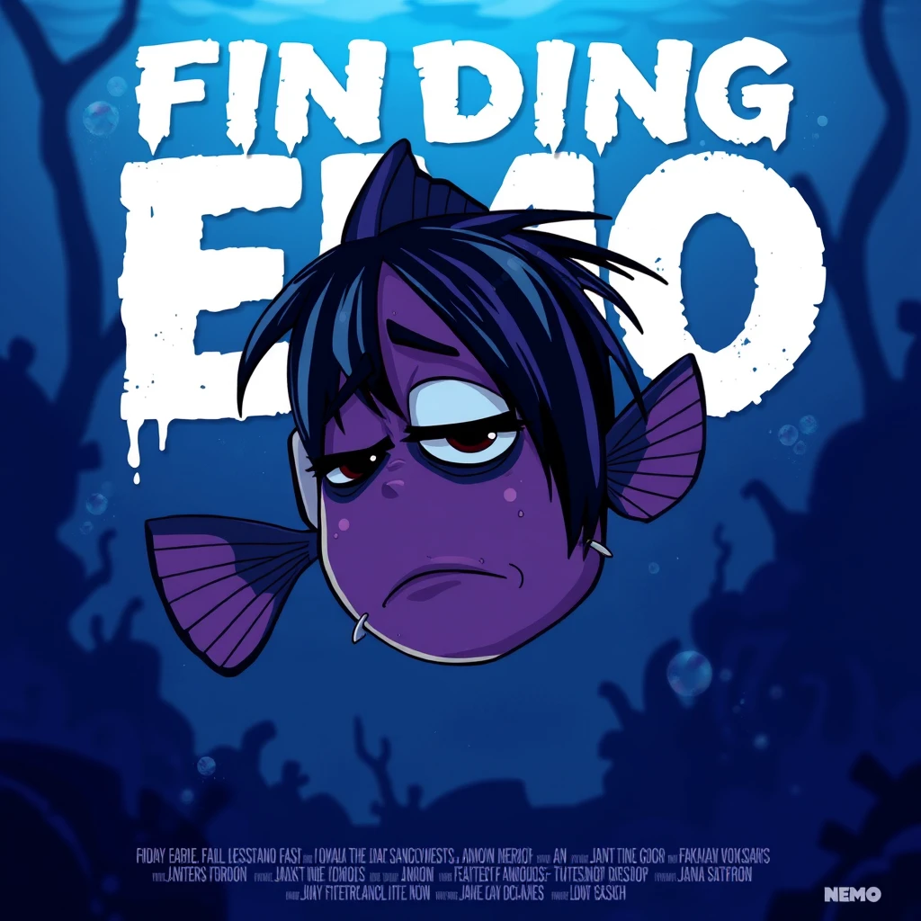 A digital illustration of a movie poster titled "Finding Emo", a Finding Nemo parody poster, featuring a depressed cartoon clownfish with black emo hair, eyeliner, and piercings, a bored expression, swimming in a dark underwater scene, in the background, movie title in a dripping, grungy font, moody blue and purple color palette. - Image