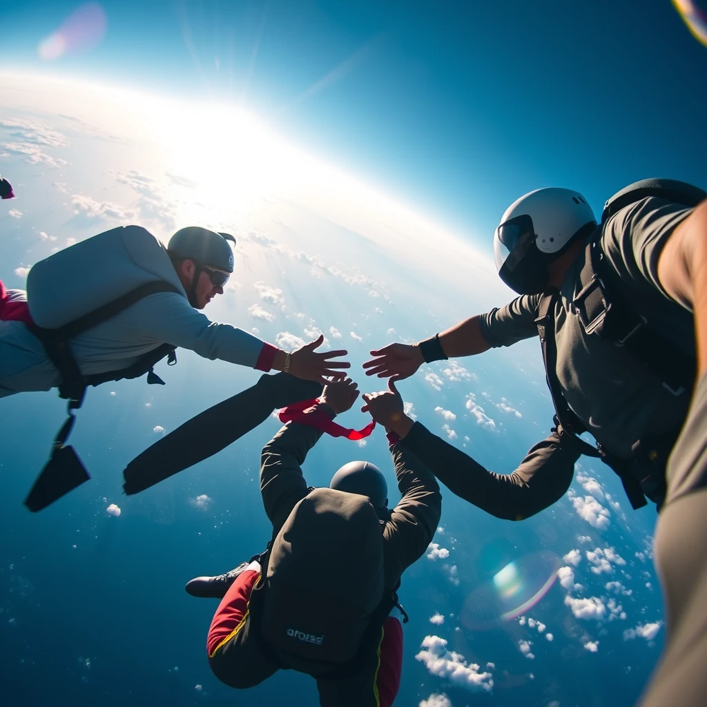 3 people skydiving in a circle formation holding hands, top down photo, go pro footage, 20mm, over exposed highlights, scattered light