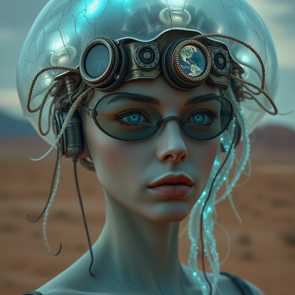 Ethereal cyborg woman, bioluminescent jellyfish headdress. Steampunk goggles blend with translucent tentacles. Cracked porcelain skin meets iridescent scales. Mechanical implants and delicate tendrils intertwine. Human features with otherworldly glow. Dreamy aquatic hues contrast weathered metal. Reflective eyes capture unseen worlds. Soft bioluminescence meets harsh desert backdrop. Fusion of organic and synthetic, ancient and futuristic. Hyper-detailed textures, surreal atmosphere. - Image