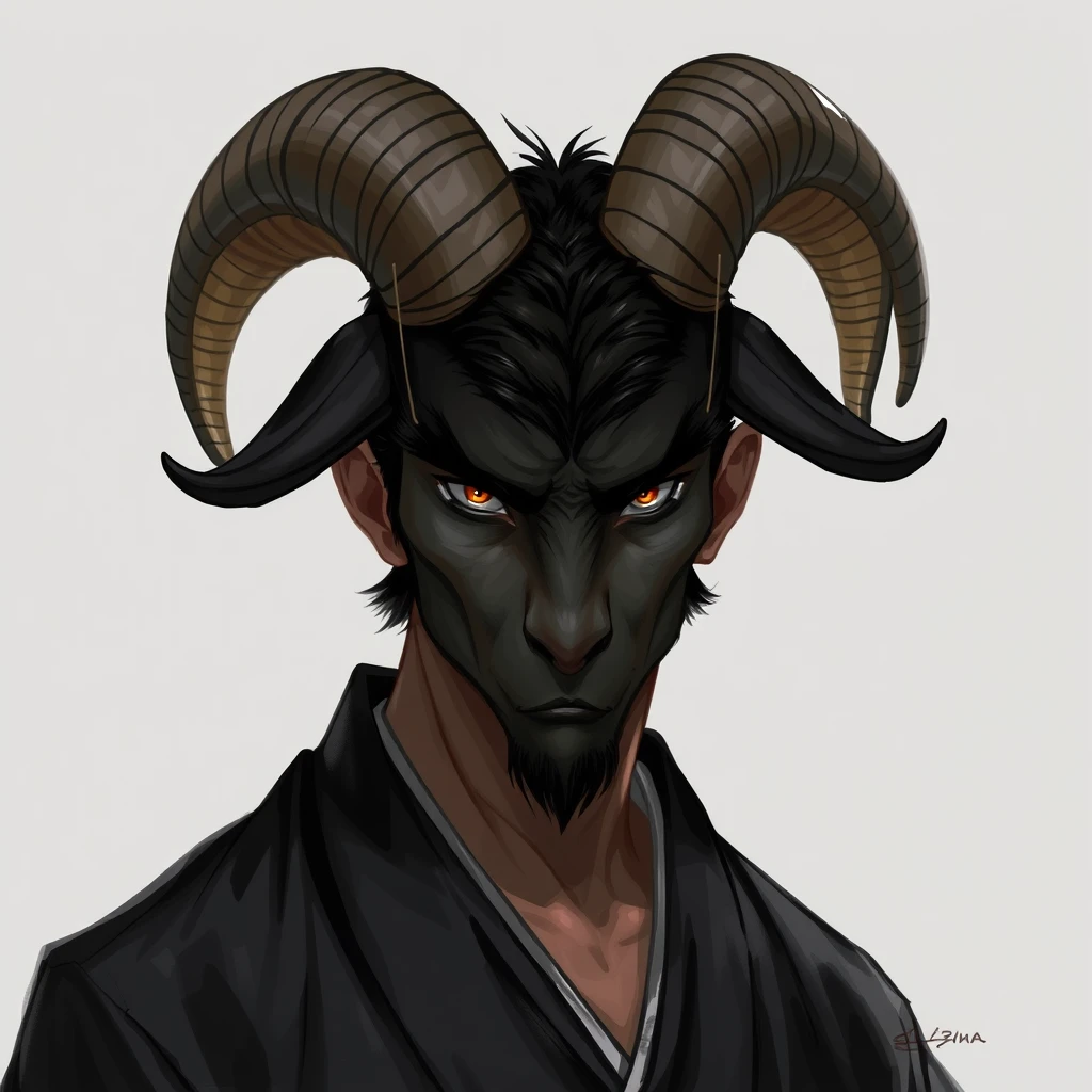 A man with a black goat head and a serious stare, wearing a black kimono, 2D art. - Image