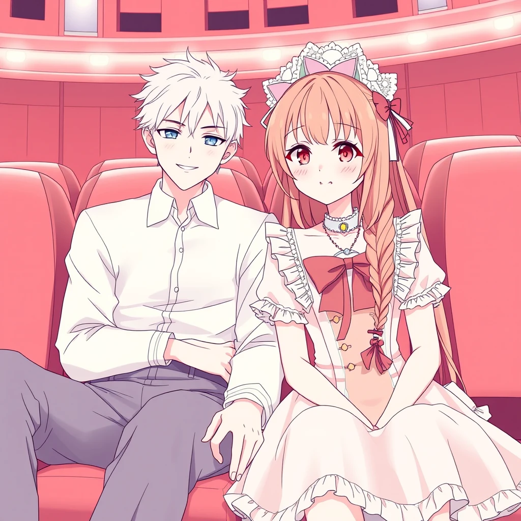 Anime pure lineart, beautiful girl dressed in a Lolita costume and handsome tall boyfriend, sit in the cinema. - Image