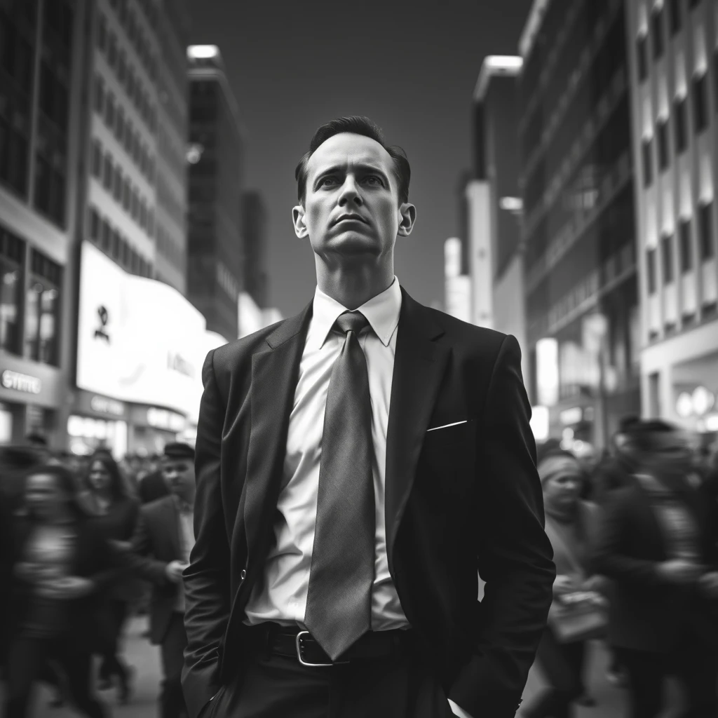 A high-contrast photograph of a figure in a stiff, formal suit, standing in a bustling city square, symbolizing tension. Monochrome palette, sharp focus on the figure against a motion-blurred crowd. Created Using: black and white photography, urban stress theme, stark lighting, clear subject focus, blurred motion background, intense expressions, dramatic atmosphere, hd quality, natural look.