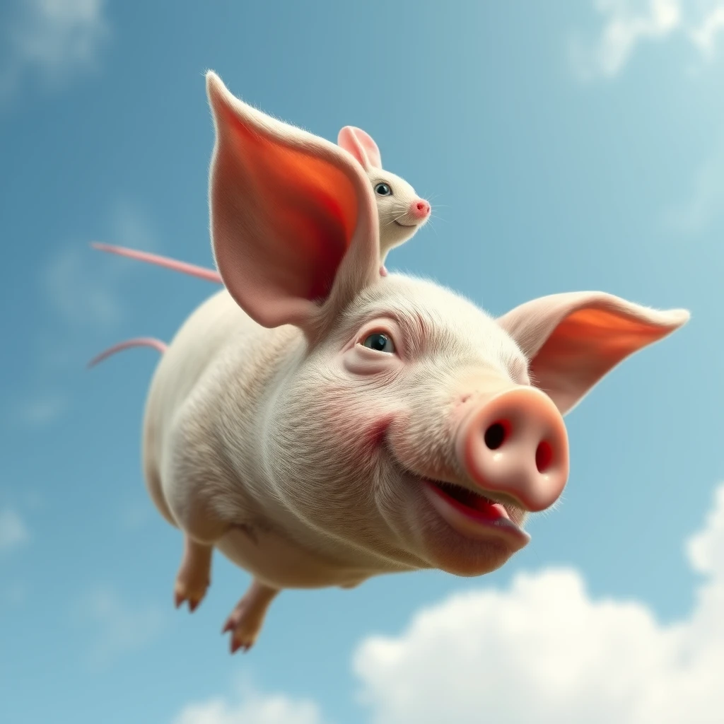 a pig with a pink mouse fly in the sky - Image