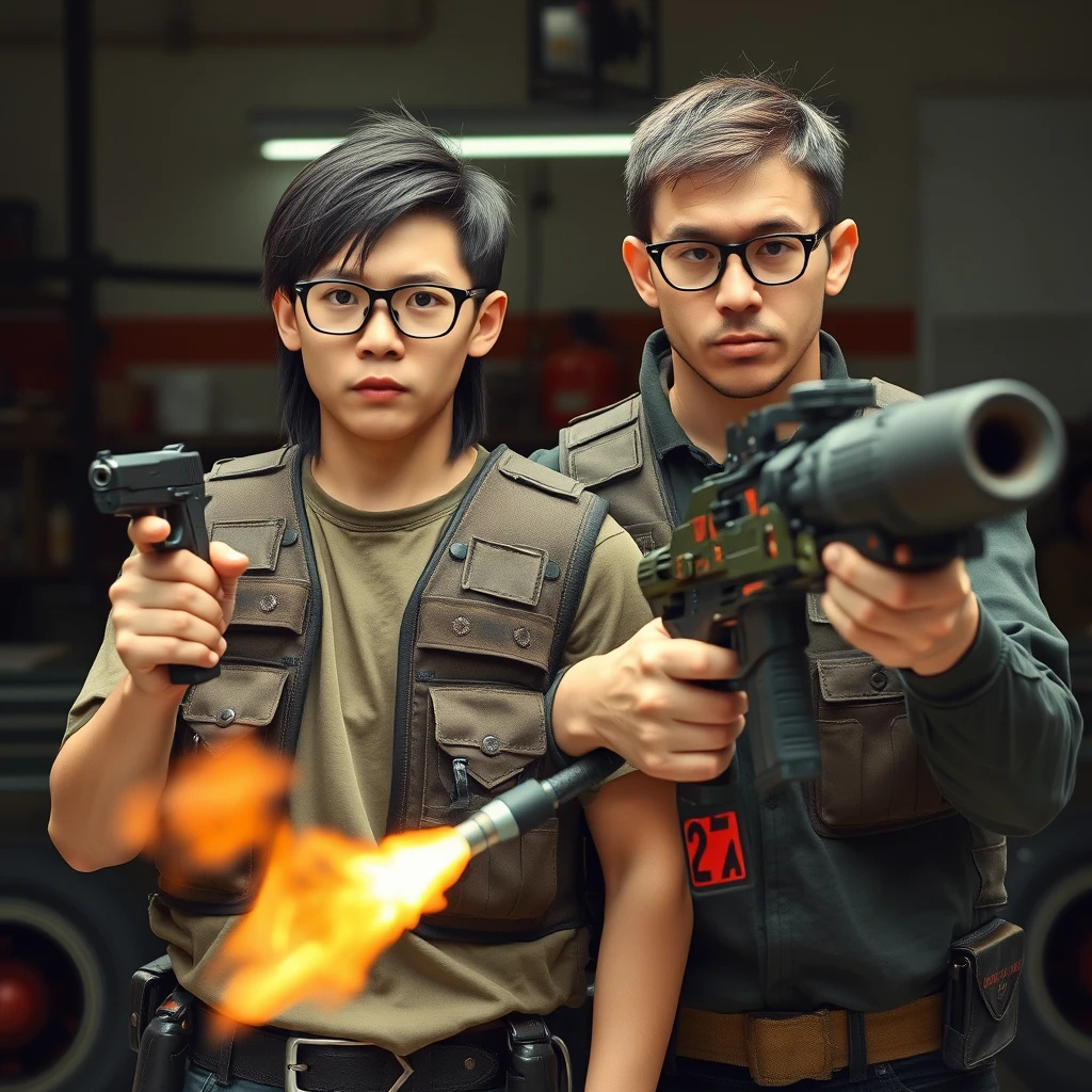 21-year-old white thin long-faced young northern Chinese man with a square chin, wearing square glasses, holding a pistol, "medium/long length hair"; 21-year-old white Italian/Caucasian man wearing round glasses and short hair holding a very large fire extinguisher flamethrower; garage setting; both angry and wearing military vests.