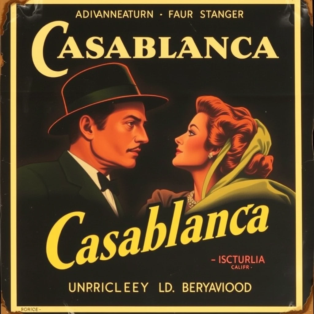 A vintage movie poster for the film Casablanca starring Humphrey Bogart and Ingrid Bergman.