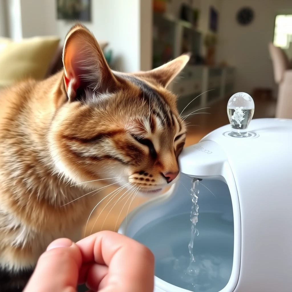 A cat drinking water from a pet water fountain, captured from the perspective of a mobile phone. The scene is indoors, with the cat's face close to the water stream that bubbles up from the fountain. The pet water fountain has a sleek, modern design, and the environment is well-lit with natural lighting. The cat is focused on drinking, and the image shows a clear, detailed view of its head and upper body. The background includes a hint of home decor, indicating a cozy living space.
