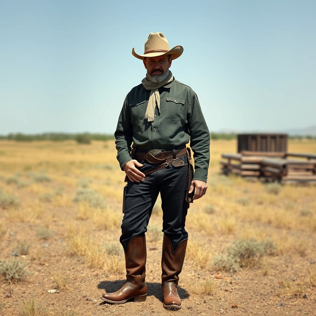 A photo realistic picture of an old west cowboy, but wearing an oversized hat and boots.