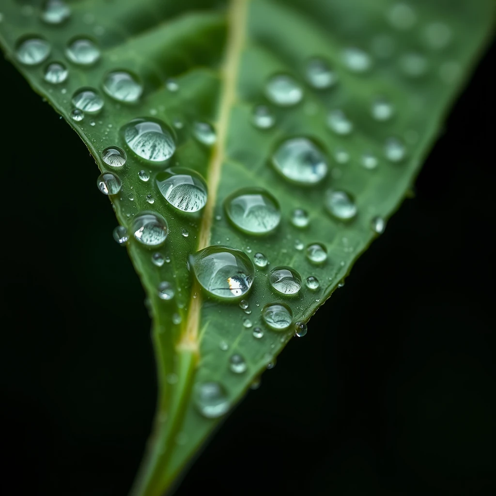 Water droplets on soybean leaf, macro photography, detailed, high resolution, professional.