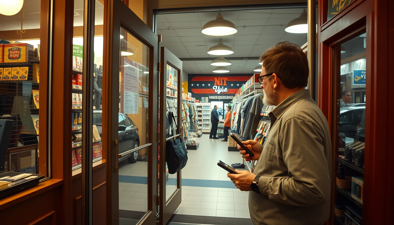 A man entering a local main street retail store. Perspective from inside the store looking at the front door as the man enters. The man is looking around the store holding his phone.