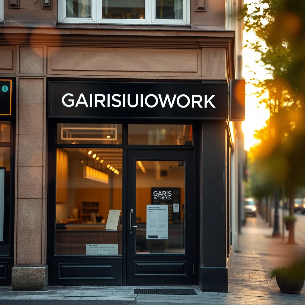 An architect's office in a shop unit with street signage reading "GARISREKA STUDIOWORK", bokeh, golden hour, outdoor.