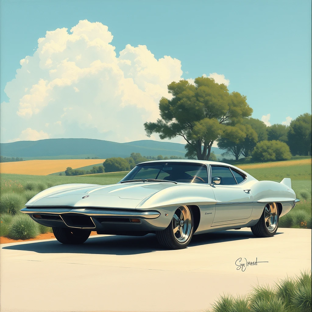 Corner view, a retro-futuristic sports sedan concept, a painting by Syd Mead, sleek, country setting.