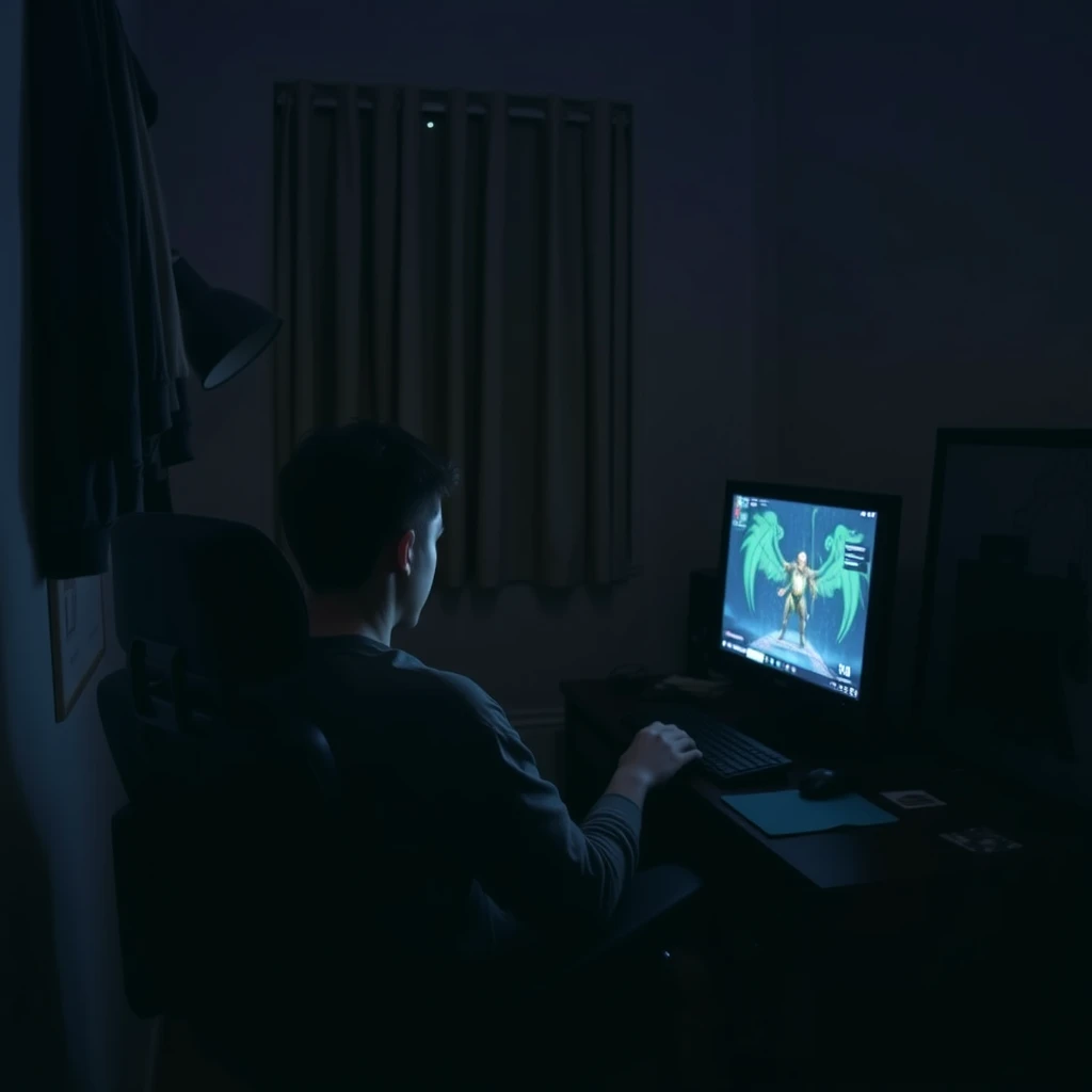 "At night, in a small room, a young man is playing a game on the computer with his back to the camera."