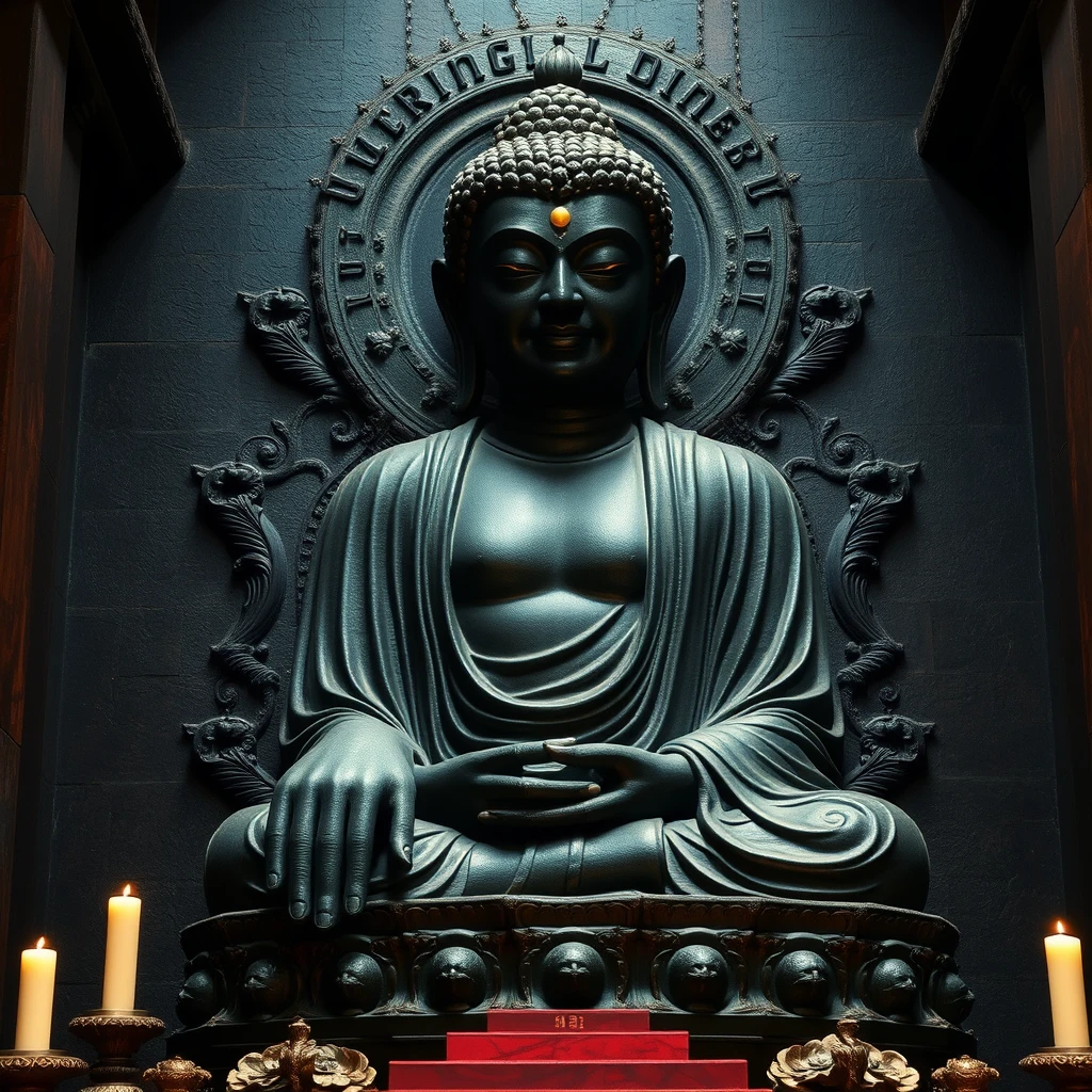 temple, very scaring dark Buddha statue, 