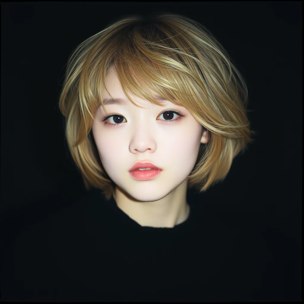 Korea beauty girl, xxmix_girl, 1 girl, fluffy short hair, dark theme, blonde hair, messy hair, film grain, fog, black theme Tyndall. - Image