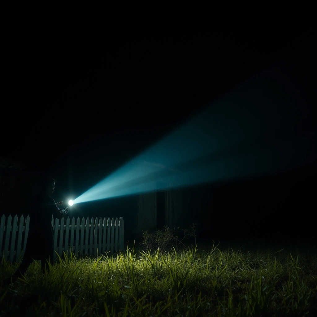 Mysterious figure lurking near an abandoned old Javanese traditional Joglo house, without electricity, pitch dark ambiance under the dark night, someone shines a powerful incandescent flashlight towards the old Javanese traditional Gebyok house, dramatic shadows, suspenseful mood, cinematic style, neglected yard with tall grass and a white picket fence, 4k --ar 4:3 - Image