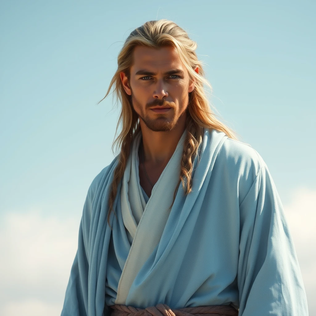 It was a man who looked twenty-seven or twenty-eight years old, dressed in a delicate sky-blue robe. Super realistic, his long hair is like a shawl. - Image