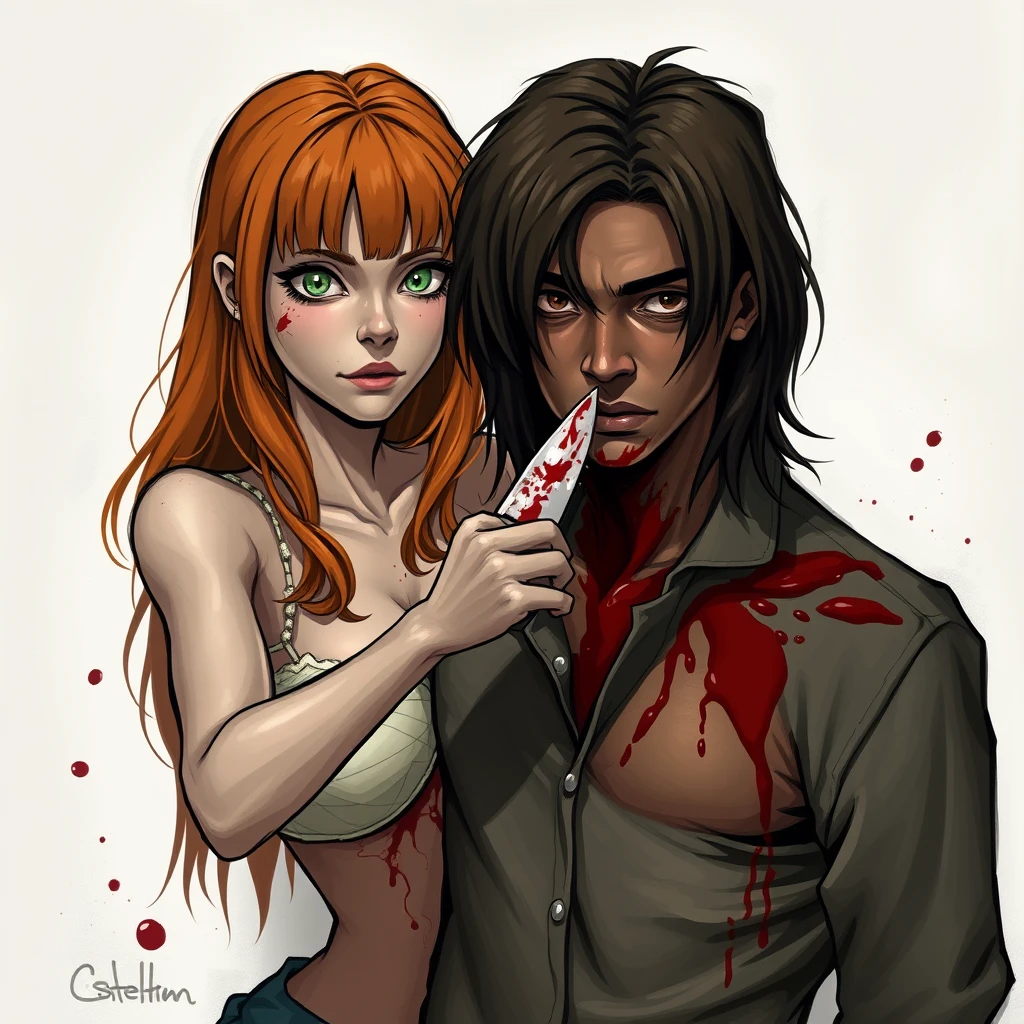 A death scene with two people; a short, skinny teenage girl with long ginger hair and bangs, green eyes, and large breasts, wielding a knife, is cutting a tall young mixed-race guy with long brunette hair and dark eyes, who is covered in blood.