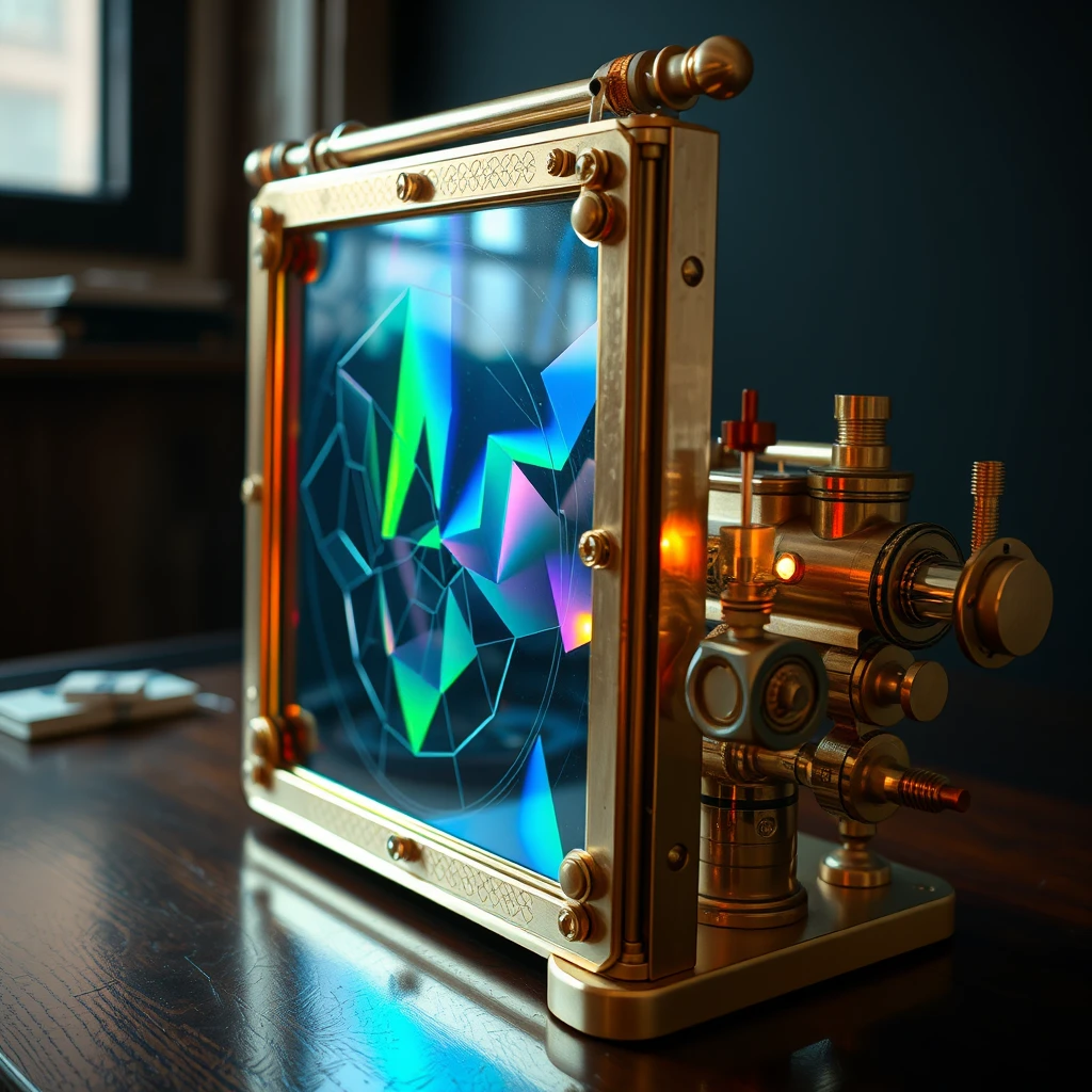 A functional holographic steampunk screen made of glass and brass.