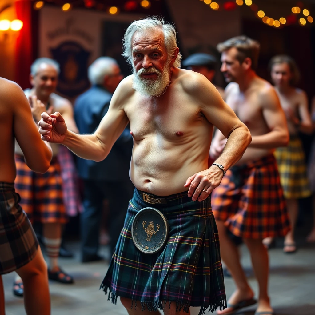 Old man in kilt and no shirt dances with other men.